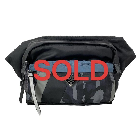 PRADA - Black Gray Multi Nylon Leather Bum Bag 821-050225 - Picture 1 of 14